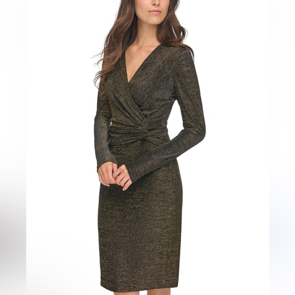 NEW Calvin Klein Bronze Metallic Gold Shimmer Faux Wrap Knot Dress Sz 10 - Picture 1 of 5